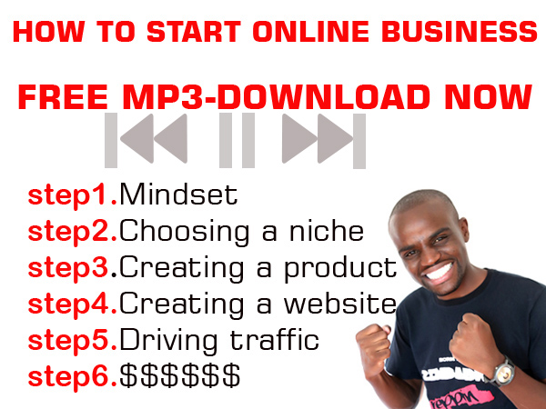 A man in a black shirt is smiling and making fists. Text above him reads "How to Start Online Business." Below are steps: 1. Mindset, 2. Choosing a niche, 3. Creating a product, 4. Creating a website, 5. Driving traffic, 6. $$$$$$.