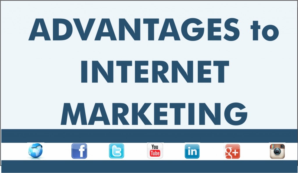 Text reading "ADVANTAGES to INTERNET MARKETING" is displayed in bold blue letters on a light background. Below, icons for various social media platforms, including Facebook, Twitter, and YouTube, are shown.
