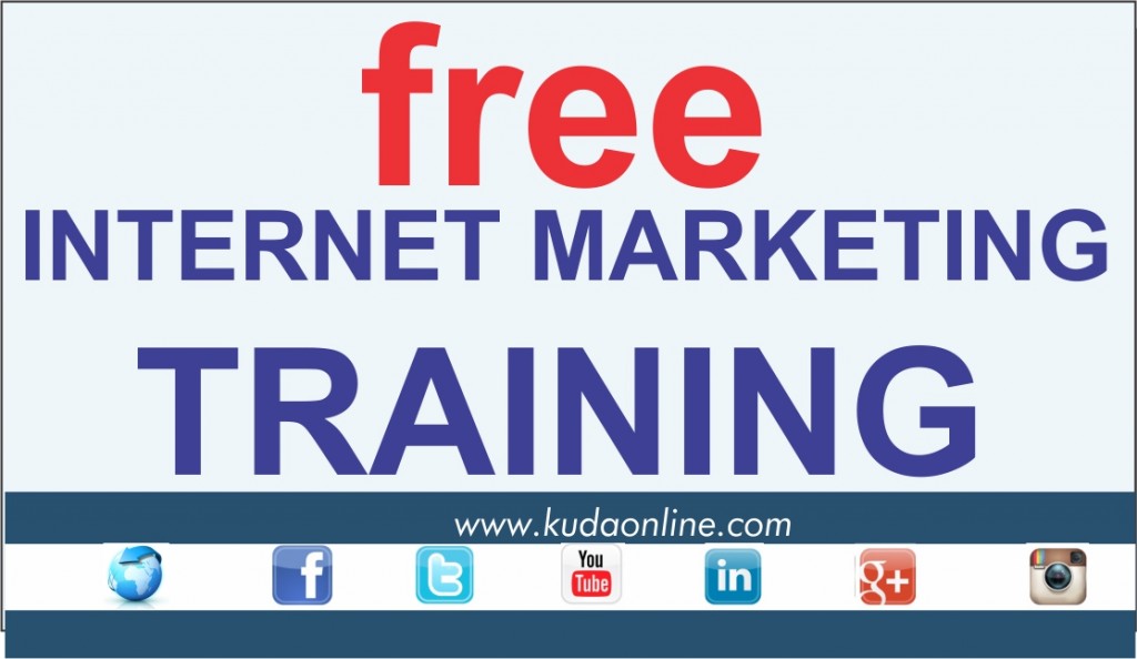 A promotional banner with the text "free INTERNET MARKETING TRAINING" in red and blue. Below are icons for Facebook, Twitter, YouTube, LinkedIn, Google+, and Instagram, and the website URL www.kudaonline.com is displayed.