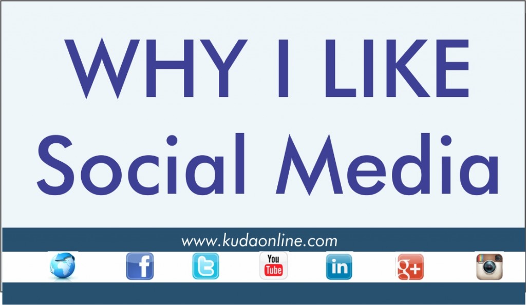 Text reading "WHY I LIKE Social Media" with icons for different social media platforms below, including Facebook, Twitter, YouTube, LinkedIn, and Instagram. Website URL "www.kudaonline.com" is also displayed at the bottom.