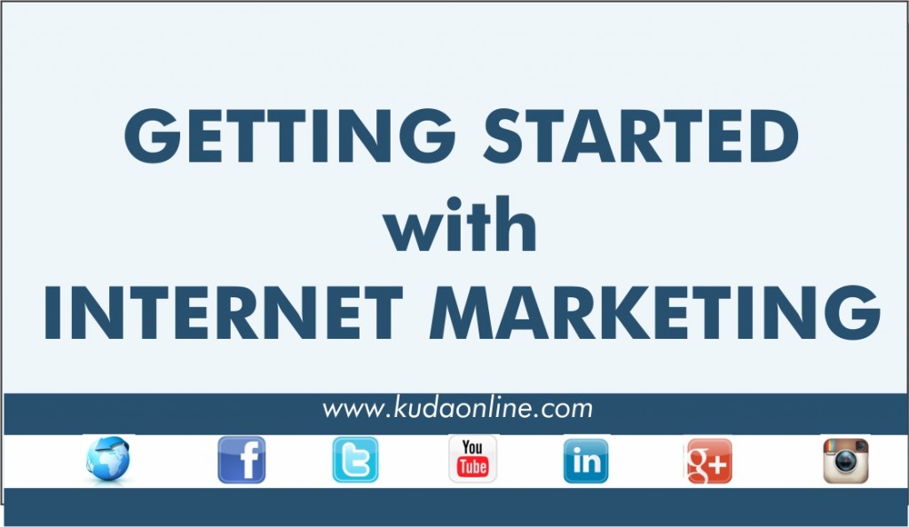 Banner with text "Getting Started with Internet Marketing" and the website "www.kudaonline.com" below. Social media icons for Facebook, Twitter, YouTube, LinkedIn, Google+, and Instagram are featured at the bottom.