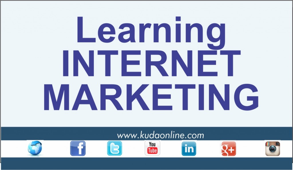 Text reading "Learning INTERNET MARKETING" in large blue letters on a light background. Below, icons for various social media platforms are displayed, including Facebook, Twitter, YouTube, LinkedIn, Google+, and Instagram, with a website URL.