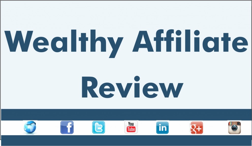 Text reading "Wealthy Affiliate Review" in large, bold letters on a light blue background. Icons for a globe, Facebook, Twitter, YouTube, LinkedIn, and Instagram are displayed at the bottom.