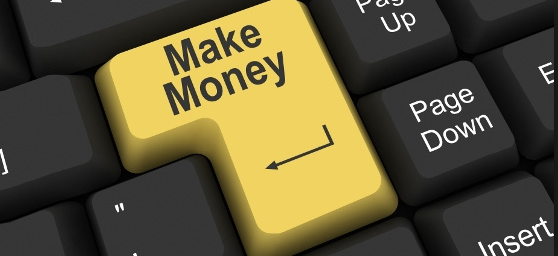 A computer keyboard with a unique yellow key labeled "Make Money" replacing the traditional Enter key. Surrounding keys are black with standard labels like "Page Up" and "Page Down.