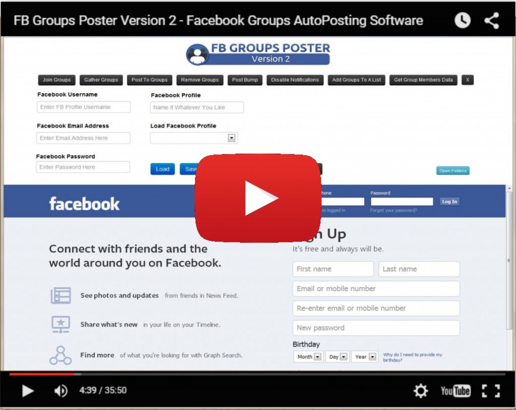 Screenshot of a YouTube video featuring a software interface called FB Groups Poster Version 2. The interface includes fields for Facebook login details and options for posting. The large red play button indicates it's a paused video.