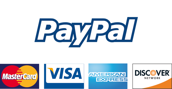 A PayPal logo is centered above, with logos of Mastercard, Visa, American Express, and Discover network displayed below it, representing payment options.