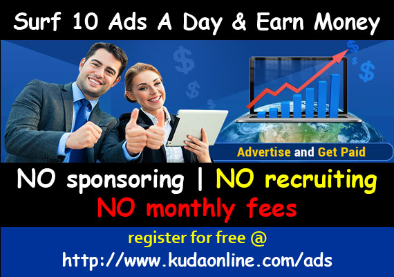 A promotional image featuring a man and woman smiling, with text offering a program to "Surf 10 Ads A Day & Earn Money." It highlights no sponsoring, recruiting, or monthly fees. Includes a graph and website link: www.kudaonline.com/ads.