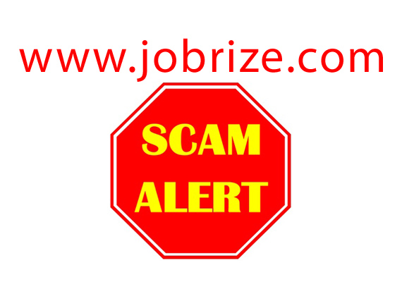 Red text at the top reads "www.jobrize.com" with a stop sign below displaying "SCAM ALERT" in yellow letters.