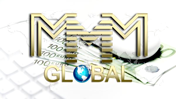 Gold "MMM Global" logo with a stylized globe on a background of euro banknotes and a computer keyboard.