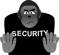 Cartoon gorilla with a serious expression, holding up both hands in a stopping gesture. The word "Security" is written across its chest. The color scheme is gray and black.