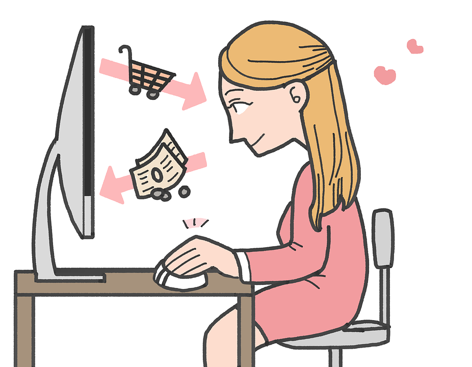 Illustration of a woman with long hair, wearing a pink dress, sitting at a desk using a computer. Icons of a shopping cart and money appear on the screen, with arrows pointing towards them. Small hearts float above her head.