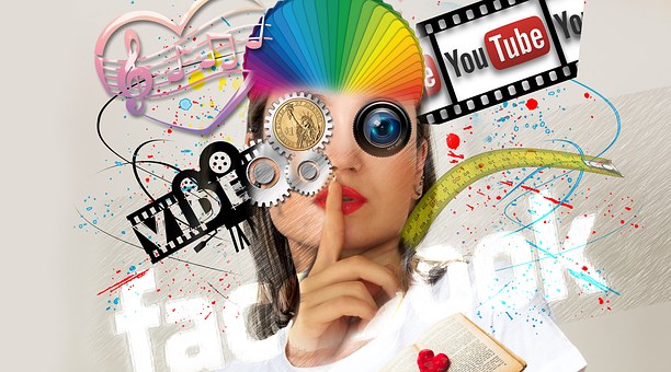 A woman with her finger to her lips stands amid a collage of colorful digital and social media icons, including music notes, gears, a color wheel, and logos for Facebook and YouTube. Vibrant splashes and abstract designs fill the background.