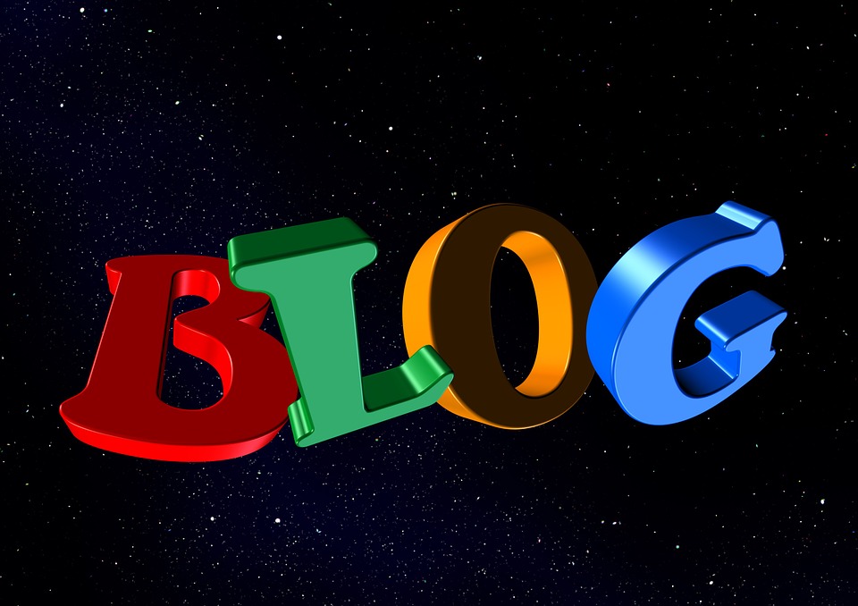 The word "BLOG" is depicted in large, colorful 3D letters with a space-like black background dotted with white specks resembling stars.