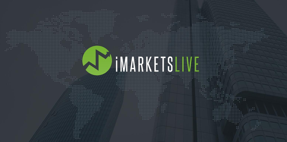 Logo for iMarketsLive with a green upward arrow inside a circle on a dark background. The text "iMARKETS LIVE" is overlaid on a world map with skyscrapers in the backdrop.