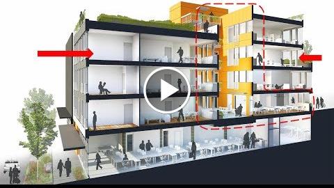 Cross-section illustration of a multi-story building with a green roof. The interior shows various floors with people, furniture, and meeting areas. Red arrows and dashed lines indicate airflow or pathways. Trees are visible outside.