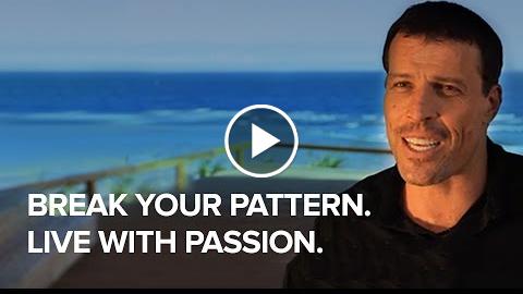 A person smiles in front of an ocean view. Text on the image reads, "Break your pattern. Live with passion." A play button symbol appears over the image.