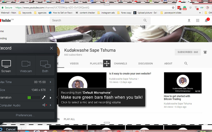 Screenshot of a YouTube channel's main page, showing the name "Kudakwashe Sape Tshuma" with 660 subscribers. An audio recording tool is open on the left. A tooltip suggests ensuring green bars flash when speaking.