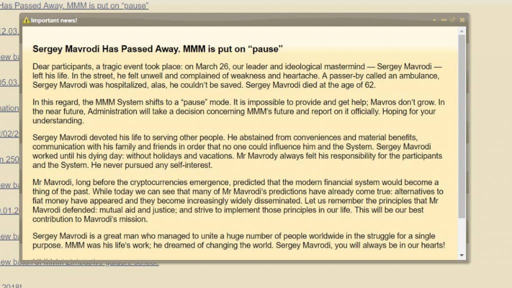 A screenshot of a yellow notification window. The text announces the passing of Sergey Mavrodi and discusses his influence. It asks participants to pause their systems. The window is titled "Important news!" and covers most of the screen.