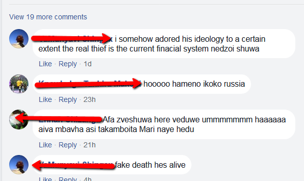 Social media comment thread with four comments. Users discuss financial and political issues with casual language and mixed opinions, touching on ideology, Russia, and life status. Names and profile pictures are obscured by red arrows.