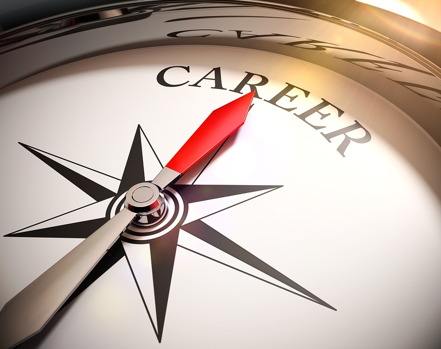 A close-up of a compass with a red needle pointing towards the word "Career" instead of the usual cardinal directions, symbolizing career direction. The compass design includes a classic star shape. Light subtly shines on the surface.