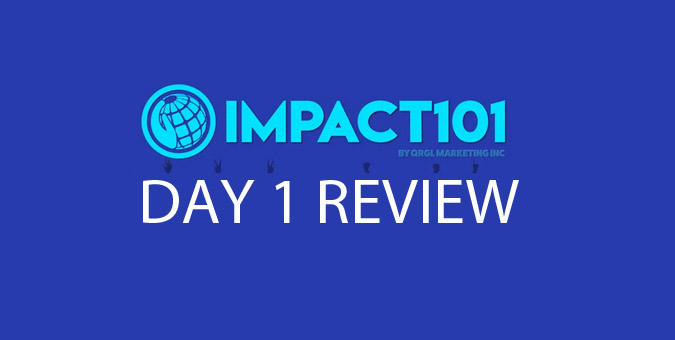 Blue background with the words "Impact101 Day 1 Review" in large letters. A globe graphic is part of the logo.