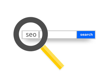 Illustration of a search engine interface with the word "seo" in the search bar. A magnifying glass enlarges the search term, and a blue "search" button is on the right.