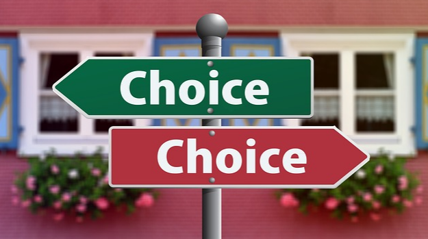 Two directional signposts labeled "Choice" in green and red point in opposite directions, set against a background of a building with windows and flower boxes.