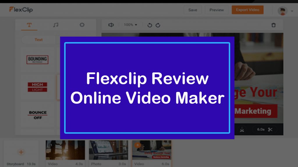 Screenshot of FlexClip video editing interface with a blue and white overlay reading, "Flexclip Review Online Video Maker." Various editing tools are visible in the background.