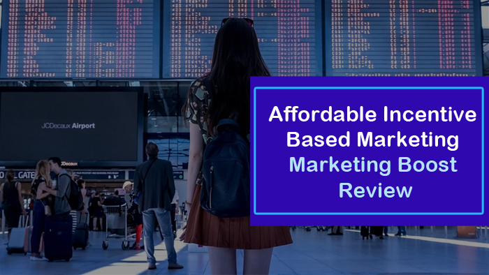 A person with a backpack stands in an airport terminal, facing an electronic departures board. A blue overlay contains text: "Affordable Incentive Based Marketing Marketing Boost Review.