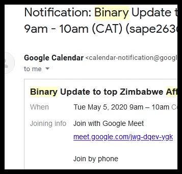 Close-up of an email notification about a calendar event titled "Binary Update to top Zimbabwe Aff." scheduled for May 5, 2020, 9am-10am (CAT). It includes a Google Meet link and an option to join by phone.
