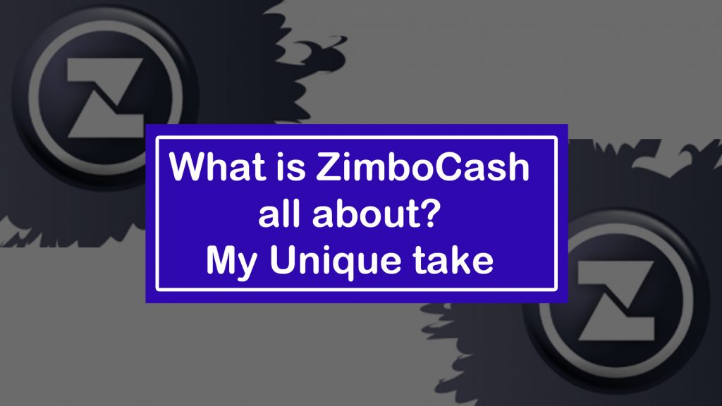 A dark background with the ZimboCash logo in the corners. The center features a purple rectangle with white text reading, "What is ZimboCash all about? My Unique take.