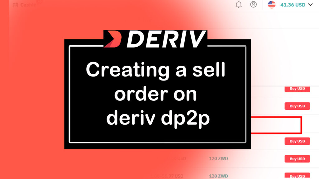 Red and black graphic with the Deriv logo at the top. Text reads: "Creating a sell order on deriv dp2p." The background shows a snippet of a platform interface with options to buy and sell USD and ZWD.