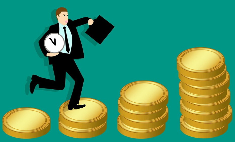 Illustration of a person in a suit holding a briefcase and a clock, stepping up stacks of gold coins. The background is teal. The image symbolizes the concept of time management and career growth or financial success.
