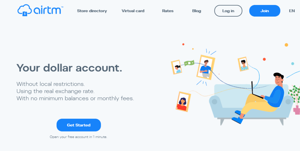 A webpage with the heading "Your dollar account" and a button labeled "Get Started." An illustration of a person sitting on a couch with laptop, surrounded by floating digital profile images, is on the right. The Airtm logo is in the top left corner.