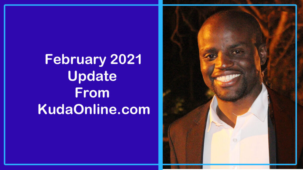 Smiling person in a suit next to a text box. The text reads, “February 2021 Update From KudaOnline.com.” The background is dimly lit.