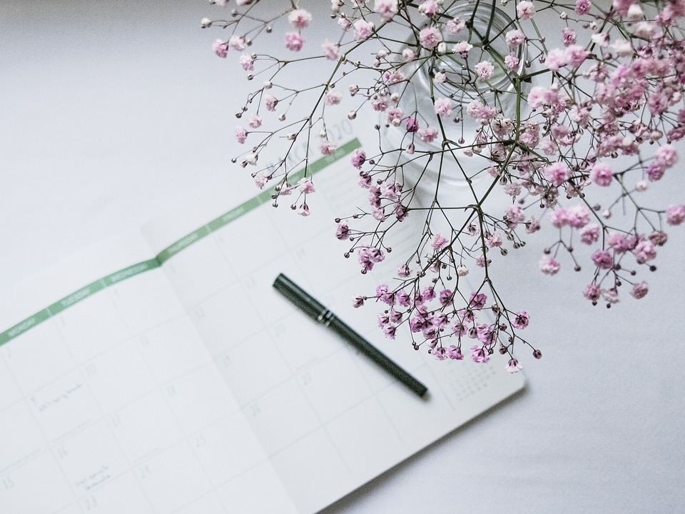 Open planner with blank calendar pages next to a black pen. A vase of delicate pink flowers is positioned on the right, adding an elegant touch to the scene.