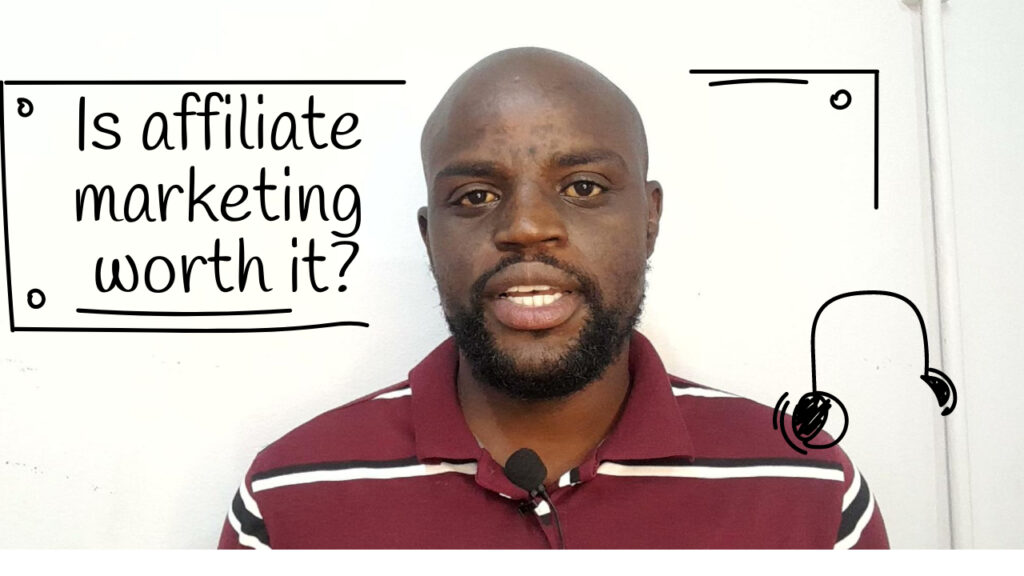 A person speaking to the camera with the text "Is affiliate marketing worth it?" displayed alongside. The person is wearing a microphone and a maroon striped shirt. Simple graphics, including black drawn headphone, adorn the image.