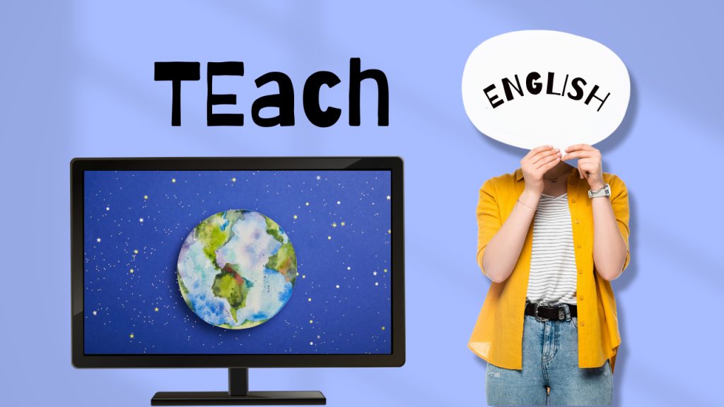 Person holding an "ENGLISH" speech bubble stands next to a screen displaying Earth on a starry background. The word "TEACh" is above. The person wears a yellow cardigan and striped shirt. Light blue background.