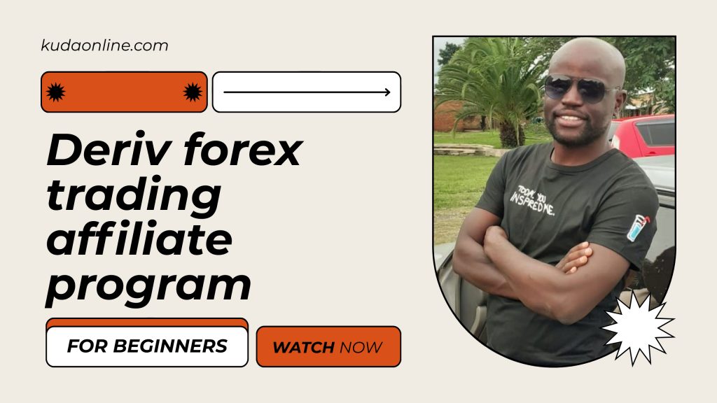 Promotional graphic for the Deriv forex trading affiliate program, hailed as one of the best forex affiliate programs. Text reads "Deriv forex trading affiliate program" and "For Beginners, Watch Now." Features a confident man wearing sunglasses standing outdoors with arms crossed. Website link at the top left.