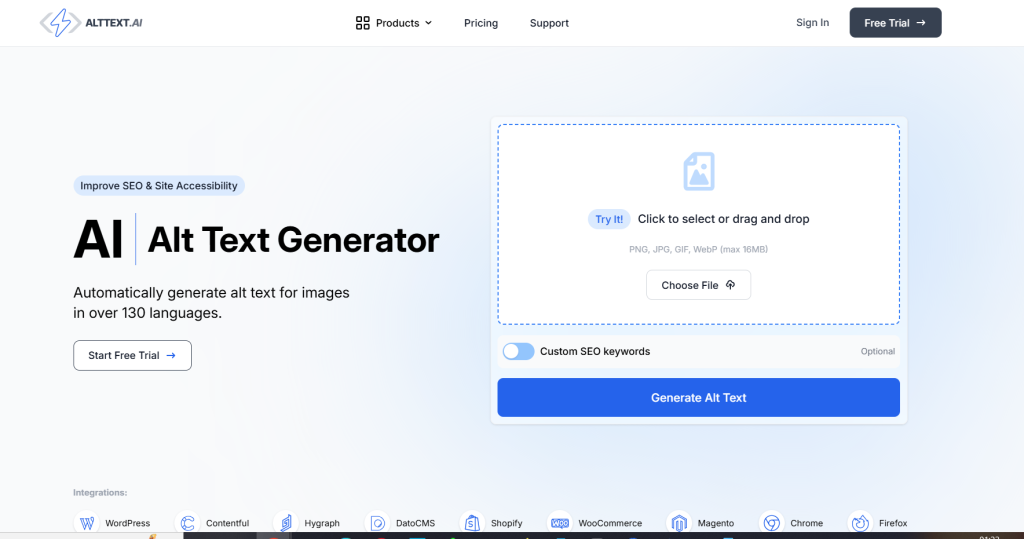 Screenshot of a website offering an AI Alt Text Generator. The page has options like "Start Free Trial," "Pricing," and upload options for images. Logos for platforms like WordPress and Shopify are visible. A "Generate Alt Text" button is featured.