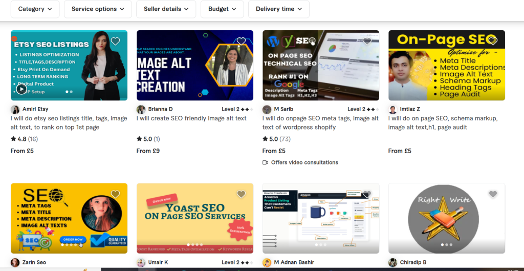 Screenshot of a webpage displaying various SEO services by different sellers. Each listing shows a title, service image, seller name, rating, starting price, and delivery time. Some services include Etsy SEO, image alt text creation, and technical SEO.